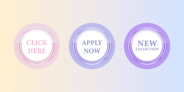 Click here button, Apply now and new collection button. Button liquid glass transparent button.
