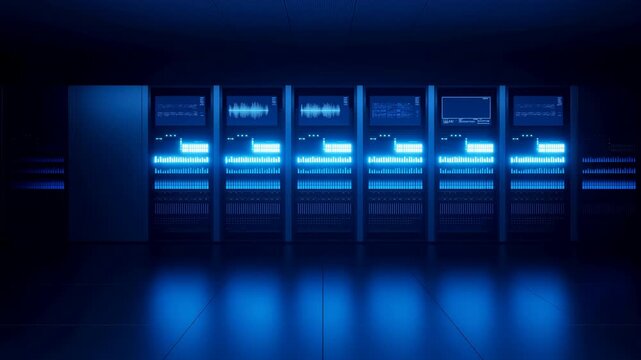 Server racks illuminate in sequence with bright cyan bands across a dark data center interior, reflecting blue light on tiled floor in a centered frontal composition