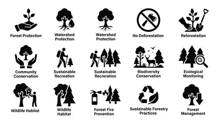 Obraz premium Set of Forestry and Environmental Protection Black Icons illustration isolated on white background