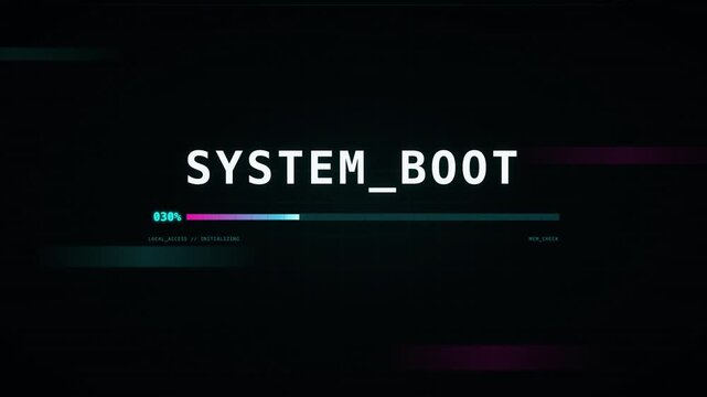 Futuristic digital system boot sequence with loading progress bar and glitch effects on dark background.