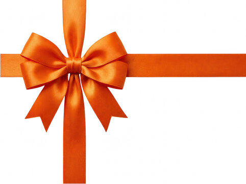 Bright orange gift ribbon bow with long tail isolated on background