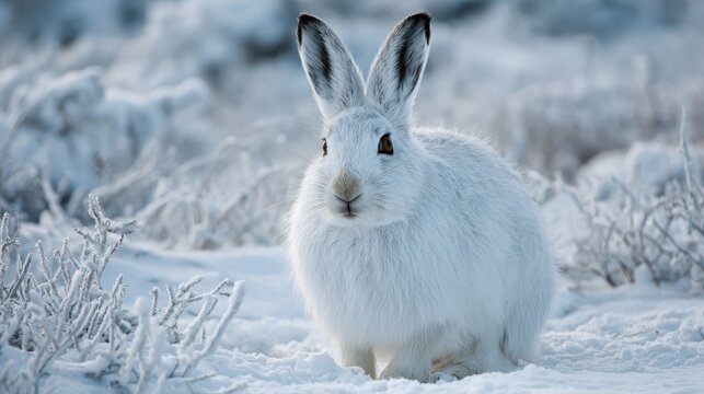 A beautiful Arctic hare poses in the winter landscape, its white fur blending perfectly with the snow-covered ground. This wild animal is a true symbol of winter