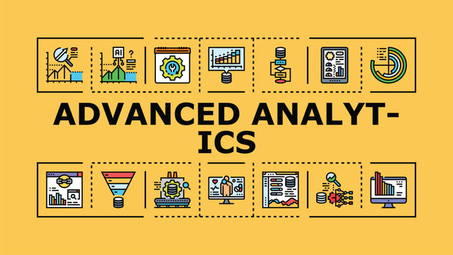 Advanced analytics banner infographic. Modeling patterns, inference clustering, machinelearning optimization icon vector illustration