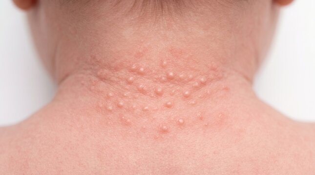 Close-up of a baby neck with heat rash miliaria or baby acne skin irritation
