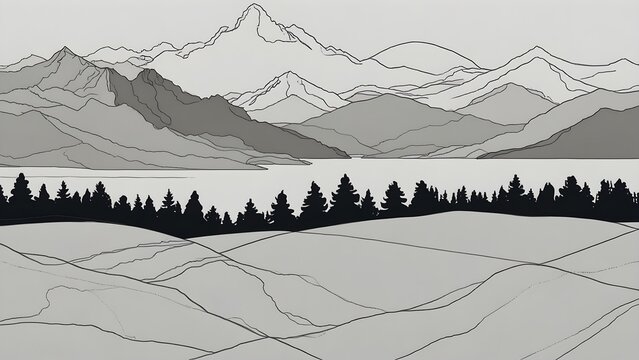 Minimalist line art illustration of a mountain landscape with pine forest