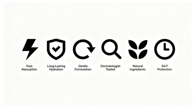 Simplified skincare selling point vector icon, representing fast absorption, long-lasting moisturizing, and natural ingredients, suitable for skincare Amazon main images and promotional pages.
