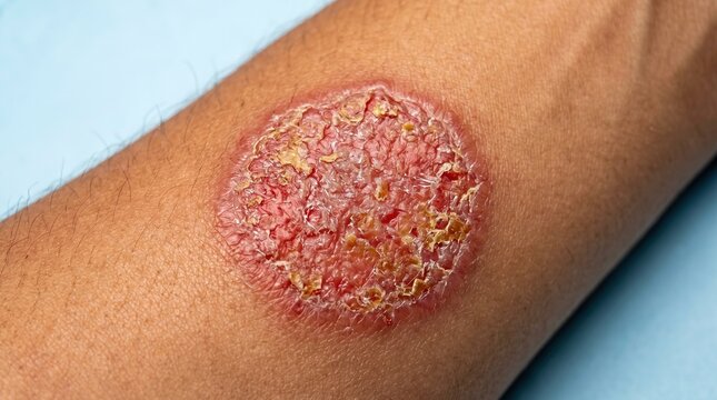 Close-up of a circular red scaly skin lesion on human arm, tinea corporis ringworm or psoriasis plaque macro