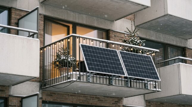 Adopt alternative energy with balcony solar panels on a snowy winter apartment facade