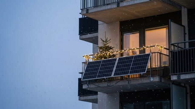 Harness green solar power from an apartment balcony decorated with festive winter lights