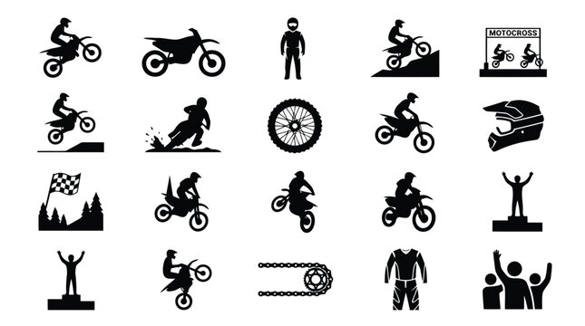 Motocross dirt bike rider illustration set with icons isolated on white background