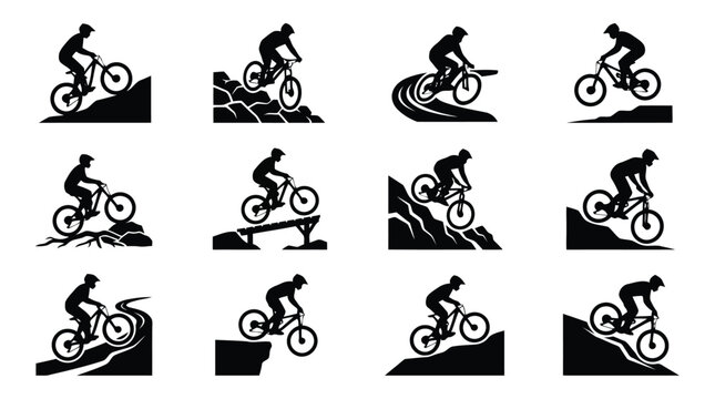 Mountain biker performing stunts and jumps on dirt track illustration isolated on white background