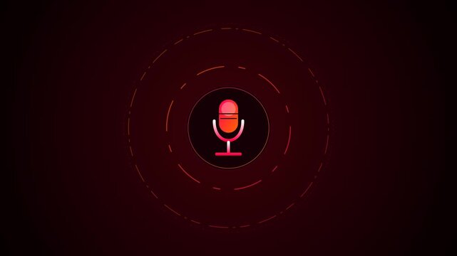 4K animation of a stylized red microphone icon centered within pulsing radial equalizer circles and circular HUD elements on a dark red gradient background for broadcasting.