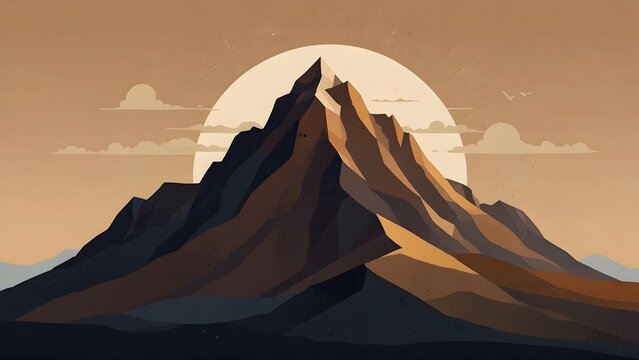 Minimalist vector illustration of a mountain peak against a large sun