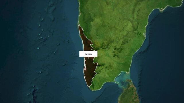 Kerala state highlighted during a 3D satellite map zoom of India