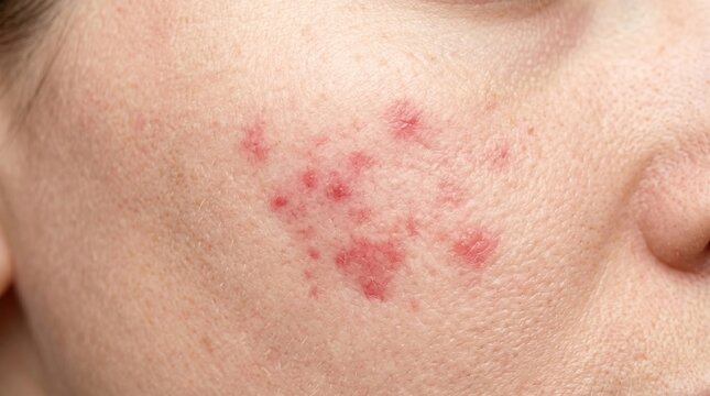 Severe Rosacea Erythema and Acne Papules on Human Face Cheek