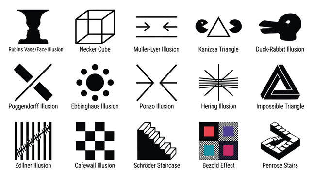 Optical illusion vector graphics collection of famous illusions isolated on white background