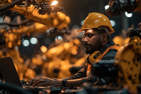 Skilled Engineer Overseeing Automated Production Line with Laptop in Modern Industrial Factory