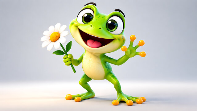 Cute 3d cartoon frog character holding a white daisy flower
