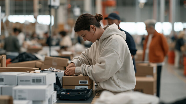 Tarot reader repackaging subscription box fulfillment orders in a bustling warehouse aisle, pausing for a safety check at a junction, an open toolbox on the floor beside stacked
