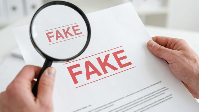 Magnifying glass over a fake document