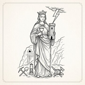 please prepare me an image of Saint-Barbara, based on the picture in attachment, in clear line, but illustrating more the fact the she is the patron saint of the fire jobs (geologists, mining engineer