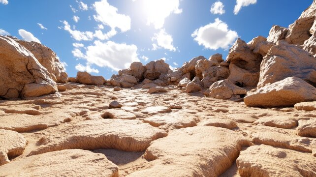 Harsh desert landscape with dust storms, cracked ground and jagged wind sculpted rocks in intense midday sunlight