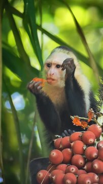 White-faced Capuchin (Cebus imitator) feeding on palm fruits of Astrocaryum in rainforest