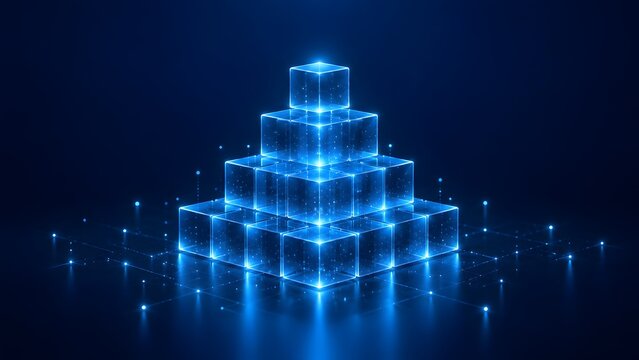 Glowing blue transparent 3D cubes forming a pyramid structure representing digital data hierarchy scalable technology network and solid corporate foundation.