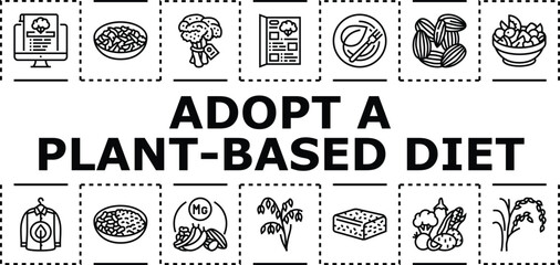 Obraz premium Adopt a plant-based diet banner infographic. Ethics vegetarian, grains wellness, legumes environment icon vector illustration