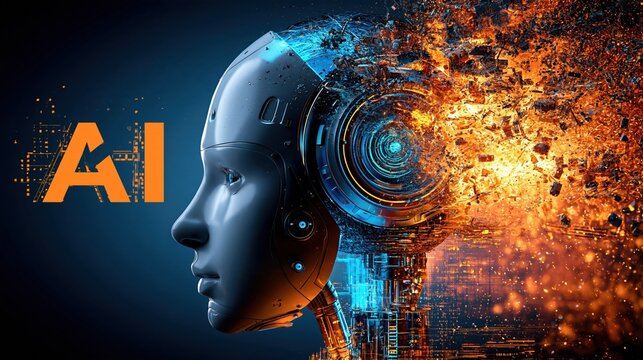 Futuristic AI Robot Head Exploding into Data and Circuits, Representing Artificial Intelligence Growth
