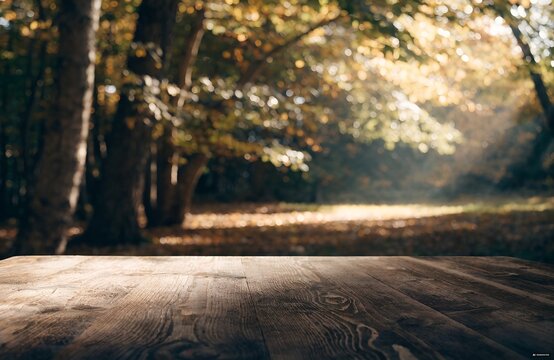 High-quality natural background image featuring an empty wooden tabletop in the foreground, complemented by a blurred autumn forest background. Specially designed for product placement and mockup crea
