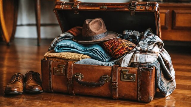 Overpacked Vintage Leather Suitcase with Travel Essentials &ndash; Luxury Adventure and Travel Preparation Concept