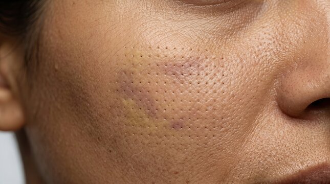 Close-up of facial skin showing tiny puncture marks, redness, and mild bruising after microneedling, mesotherapy, or dermatological injection treatment.