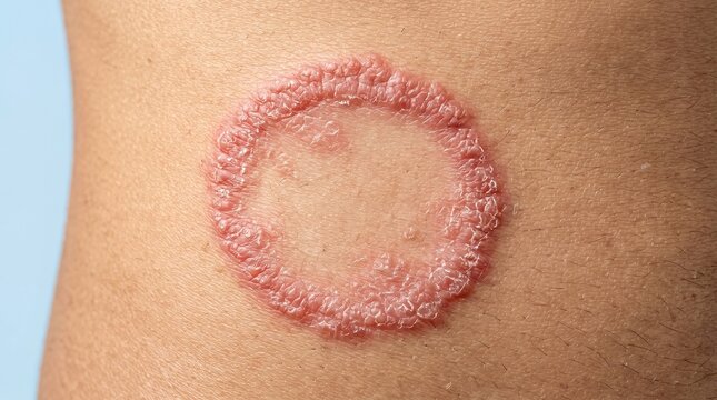 Close-up of human skin showing a distinct round red ringworm rash, indicating a cutaneous fungal infection or dermatitis.