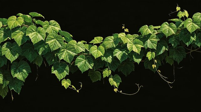 Lush green vine with heart shaped leaves gracefully climbing against a dark background