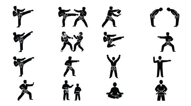 Taekwondo techniques and stances black and white illustration isolated on white background