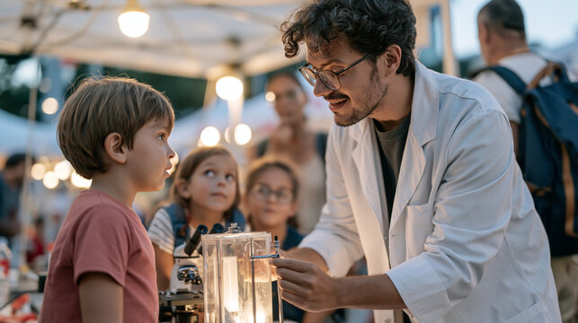 A pharmaceutical researcher improvising a fix on a half finished centrifuge setup in a brightly lit lab stall at a makeshift workbench inside a vibrant street market science fair,