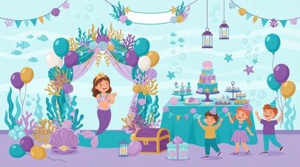 Fototapeta premium Kids celebrate with a colorful cake and balloons at a birthday party, surrounded by decorations. They are having fun in a lively atmosphere.