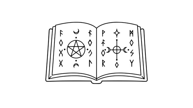 Open Spellbook with Mystical Runes Pentagram and Celestial Symbols Vector Icon Illustration - professional high resolution commercial stock photography with clean detailed commercial stock imagery