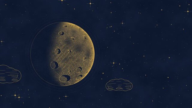 Moon phases cycle from new moon to full moon, vintage copper engraving style in gold ink on dark blue paper with stars and clouds, seamless loop