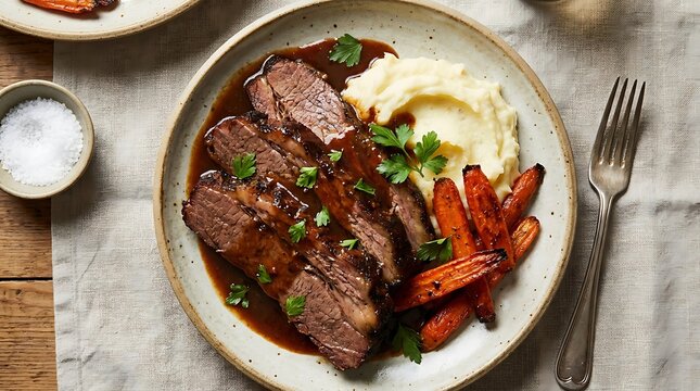 Delicious slow cooked beef brisket with mashed potatoes and roasted carrots served on a ceramic plate. braised brisket