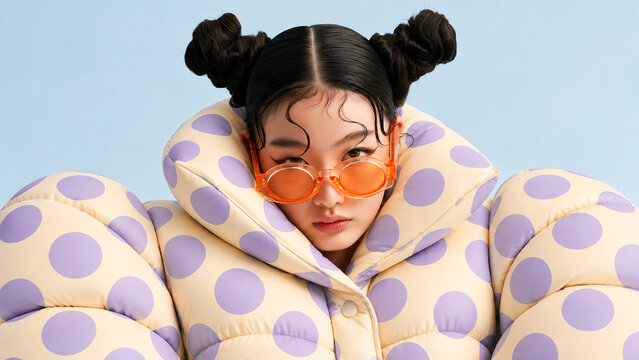 Fashion portrait of a woman in a cream polka dot puffer jacket with orange sunglasses on a blue studio background, ideal for apparel advertising, editorials and seasonal campaigns.