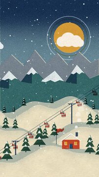 Vintage ski resort poster in 1950s screen print style, chairlift gliding over snowy slopes, falling snow and chalet smoke, vertical video seamless loop