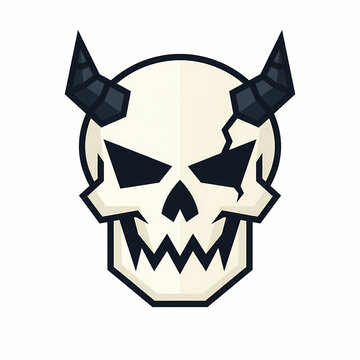 Creepy horned human skull icon with cracked forehead and dark eyes. Spooky vector illustration isolated on white background for Halloween evil demon theme.