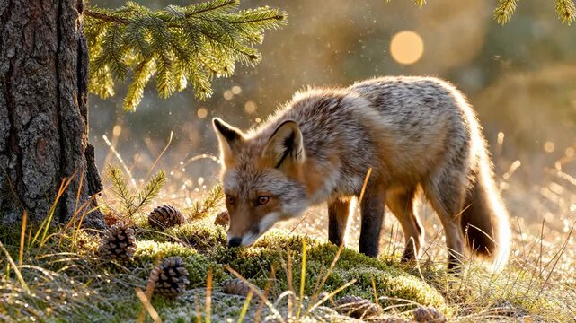 Wild red fox stands on green moss in sunny forest. Beautiful animal sniffs pine cones near tree. Wildlife nature scene shows red fox looking for food. Wild forest animal has fluffy orange fur.