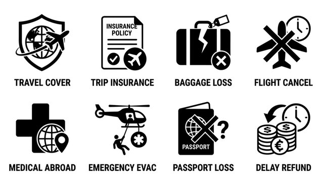 Travel insurance icons set depicting emergency medical evacuation baggage loss and flight cancellation coverage with insurance passport emergency evacuation coverage protection vacation