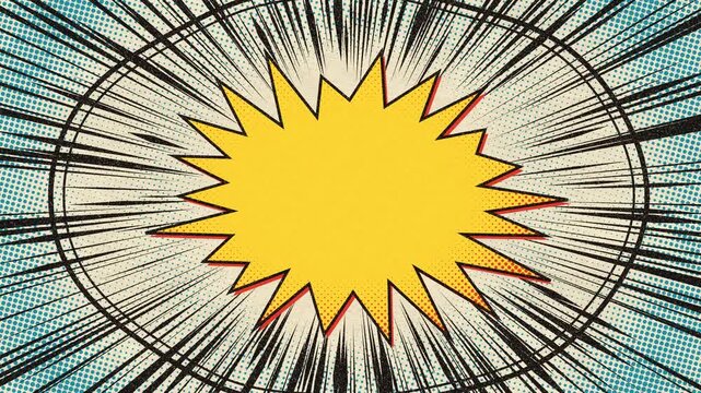 Comic book explosion burst with halftone dots and speed lines in retro pop art print style, empty yellow center for text, seamless loop