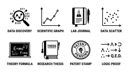 Obraz premium Set of scientific research and data analysis icons for academic documentation with research discovery academic analysis documentation knowledge university education intellectual property