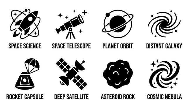 Set of space science and astronomy icons featuring rocket telescope planet orbit galaxy satellite asteroid cosmic nebula astronomy telescope satellite asteroid universe research exploration