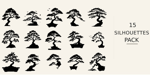 Fototapeta premium Bonsai Tree Silhouette - Fine Detail Paper Cut Silhouette Style Black Vector Clipart on White Background